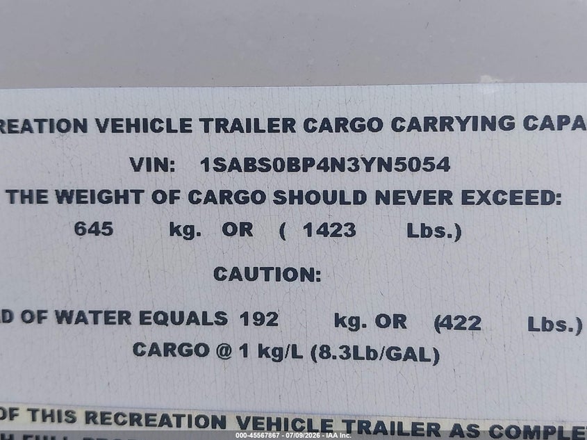 2022 Starcraft Other VIN 1SABS0BP4N3YN5054 IAAI salvage auction — WATER/FLOOD, Bill Of Sale (Washington), sold $7,150 on 2026-08-12 (photo 9)