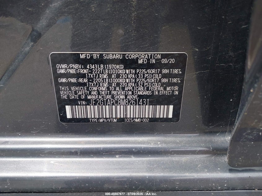 2021 Subaru Xv VIN JF2GTAPC8M8261431 IAAI salvage auction — LEFT FRONT, Scrap (Michigan), sold $1,900 on 2026-08-22 (photo 9)
