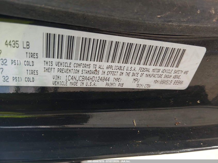 2017 Jeep Compass VIN 1C4NJCBA4HD124044 IAAI salvage auction — NORMAL WEAR, Salvage Title, sold $875 on 2026-07-24 (photo 9)