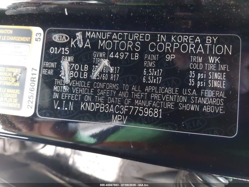 2015 Kia Sportage VIN KNDPB3AC3F7759681 IAAI salvage auction — LEFT REAR, Salvage Title, sold $1,600 on 2026-07-17 (photo 9)