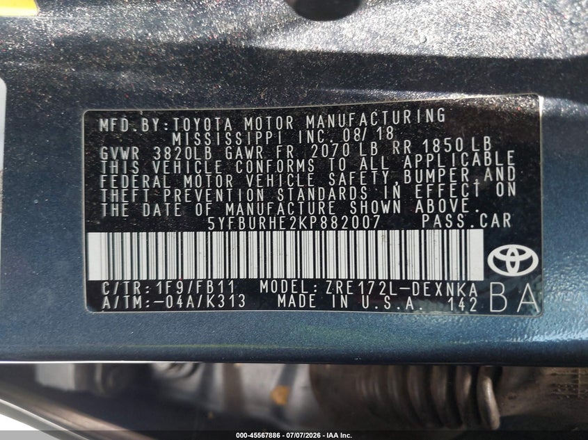 2019 Toyota Corolla VIN 5YFBURHE2KP882007 IAAI salvage auction — FRONT END, Salvage (Mississippi), sold $3,650 on 2026-07-31 (photo 9)