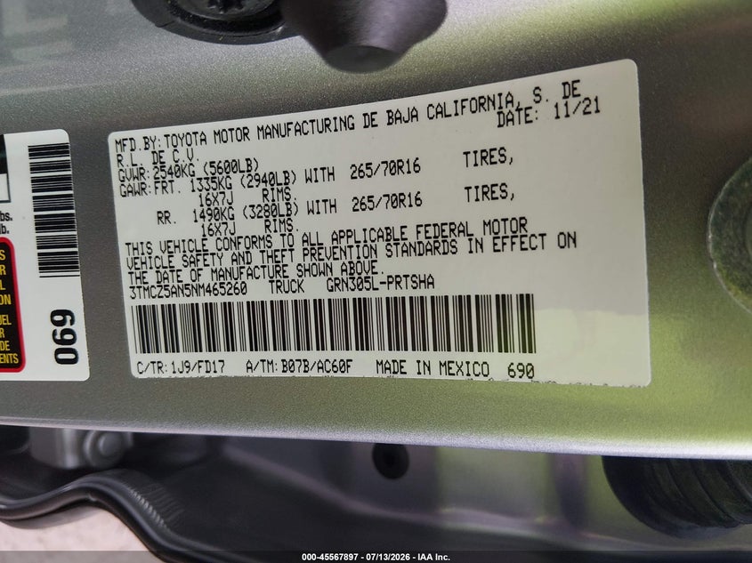 2022 Toyota Tacoma VIN 3TMCZ5AN5NM465260 IAAI salvage auction — REAR END, Salvage Title, sold $20,700 on 2026-07-31 (photo 9)