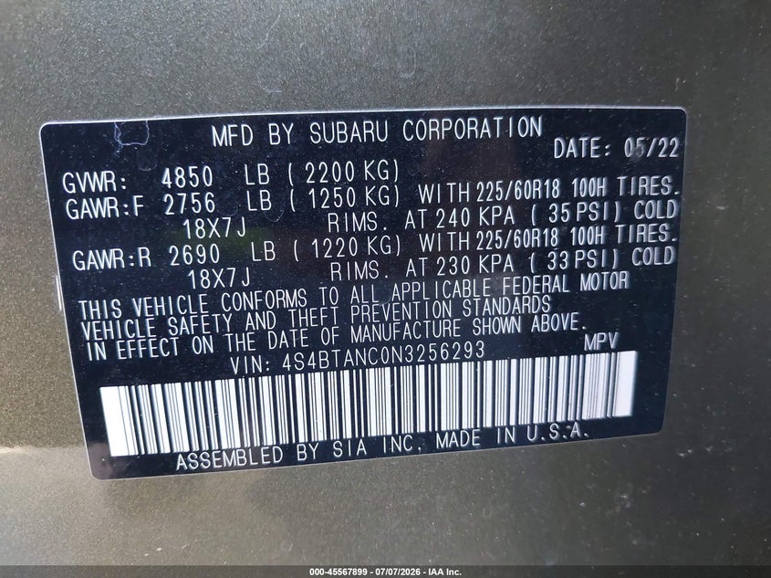 2022 Subaru Outback VIN 4S4BTANC0N3256293 IAAI salvage auction — SIDE, Wait Title, sold $6,700 on 2026-08-29 (photo 9)