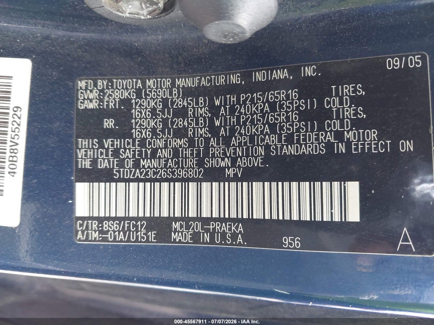 2006 Toyota Sienna VIN 5TDZA23C26S396802 IAAI salvage auction — NORMAL WEAR, Original (Texas), sold $725 on 2026-07-29 (photo 9)