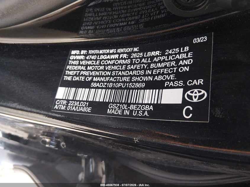 2023 Lexus ES VIN 58ADZ1B10PU152869 IAAI salvage auction — FRONT END, Salvage (Indiana), sold $13,500 on 2026-08-26 (photo 9)