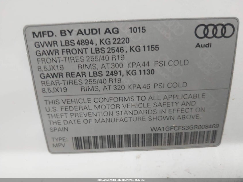2016 Audi Q3 VIN WA1GFCFS3GR008469 IAAI salvage auction — NORMAL WEAR, Salvage Title, sold $1,800 on 2026-07-19 (photo 9)
