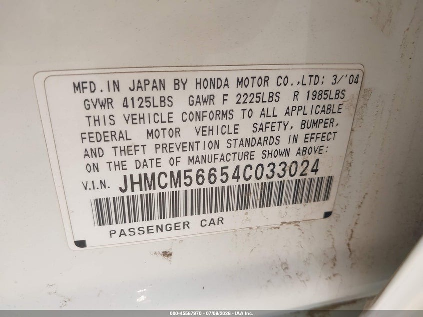 2004 Honda Accord VIN JHMCM56654C033024 IAAI salvage auction — NORMAL WEAR, Clear (Montana), sold $125 on 2026-07-15 (photo 9)