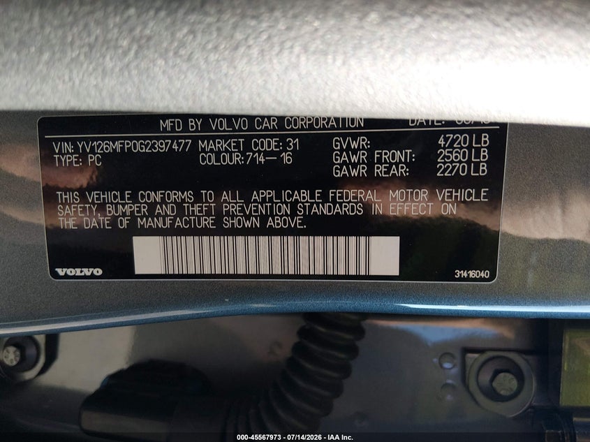 2016 Volvo S60 VIN YV126MFP0G2397477 IAAI salvage auction — REAR END, Salvage Title, sold $2,700 on 2026-08-15 (photo 9)