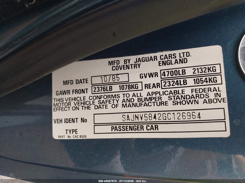 1986 Jaguar Xj series VIN SAJNV5842GC126964 IAAI salvage auction — NORMAL WEAR, Clear - Dealer Only (California), sold $4,550 on 2026-07-20 (photo 9)