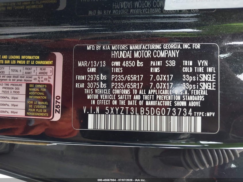 2013 Hyundai Santa fe VIN 5XYZT3LB5DG073734 IAAI salvage auction — RIGHT FRONT, Clear (Tennessee), sold $1,350 on 2026-07-16 (photo 9)