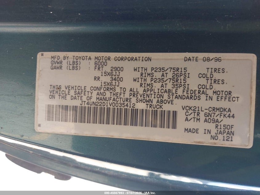 1997 Toyota T100 VIN JT4UN22D1V0035412 IAAI salvage auction — REAR END, Salvage (California), sold $1,450 on 2026-07-19 (photo 9)