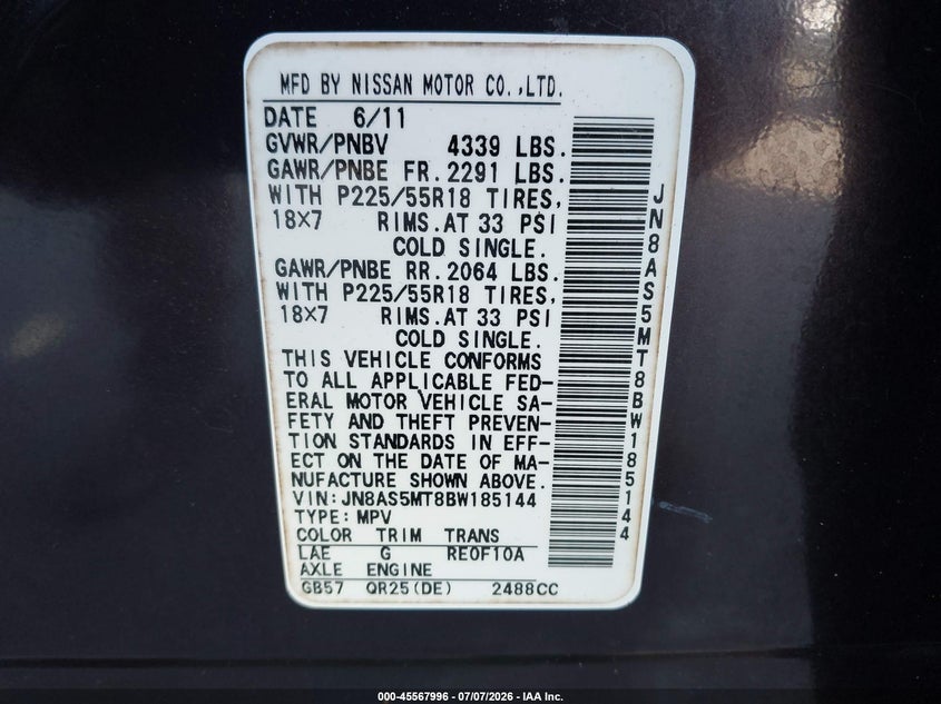 2011 Nissan Rogue VIN JN8AS5MT8BW185144 IAAI salvage auction — NORMAL WEAR, Clear (Arkansas), sold $550 on 2026-07-29 (photo 9)