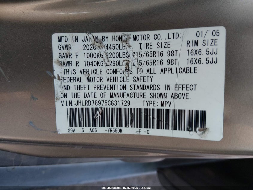 2005 Honda Cr-v VIN JHLRD78975C031729 IAAI salvage auction — ENGINE DAMAGE, Clear (New Mexico), sold $825 on 2026-07-29 (photo 9)