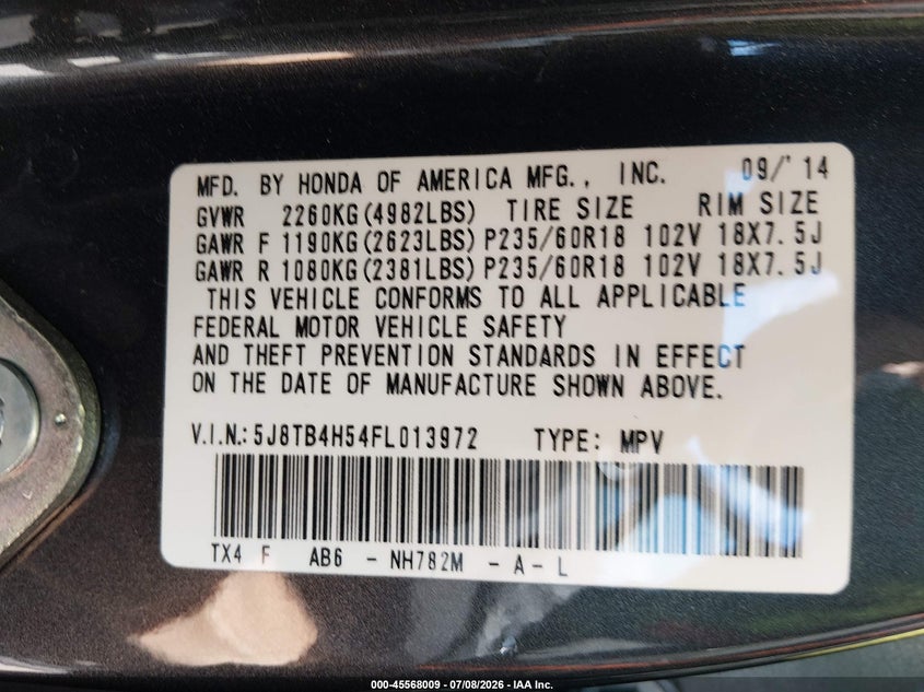 2015 Acura Rdx VIN 5J8TB4H54FL013972 IAAI salvage auction — REAR END, Salvage Title, sold $2,350 on 2026-07-29 (photo 9)