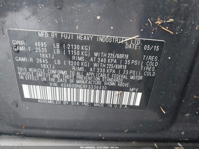 2015 Subaru Outback VIN 4S4BSBNC9F3336430 IAAI salvage auction — SIDE, Salvage Title, sold $775 on 2026-07-24 (photo 9)