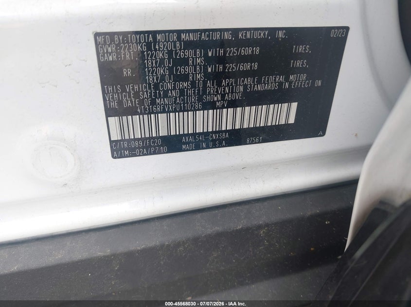 2023 Toyota Rav 4 VIN 4T3T6RFVXPU110286 IAAI salvage auction — RIGHT FRONT, Salvage Title, sold $10,600 on 2026-07-22 (photo 9)