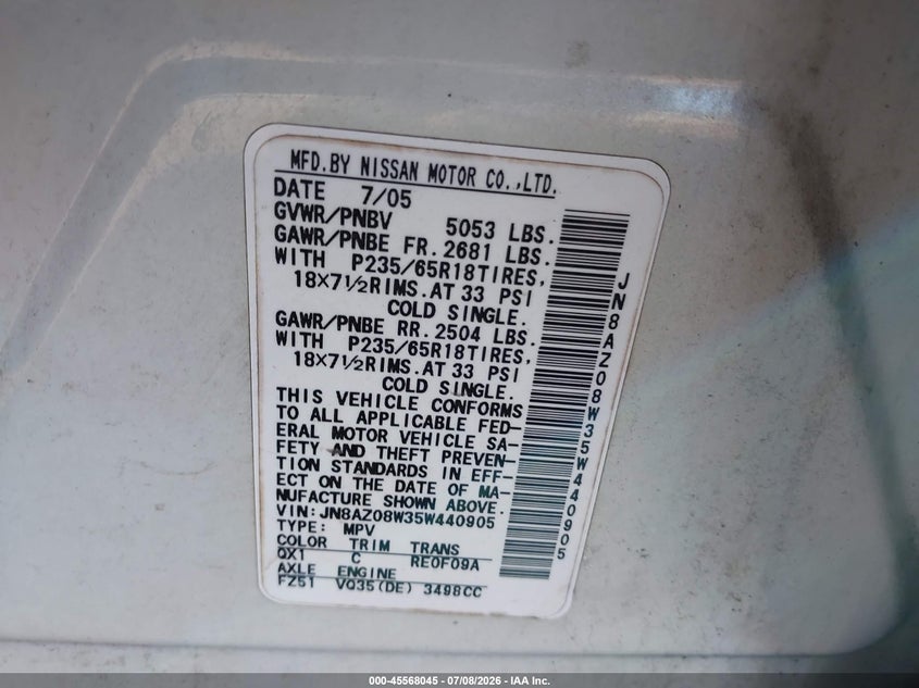 2005 Nissan Murano VIN JN8AZ08W35W440905 IAAI salvage auction — FRONT END, Salvage (Pennsylvania), sold $400 on 2026-07-24 (photo 9)