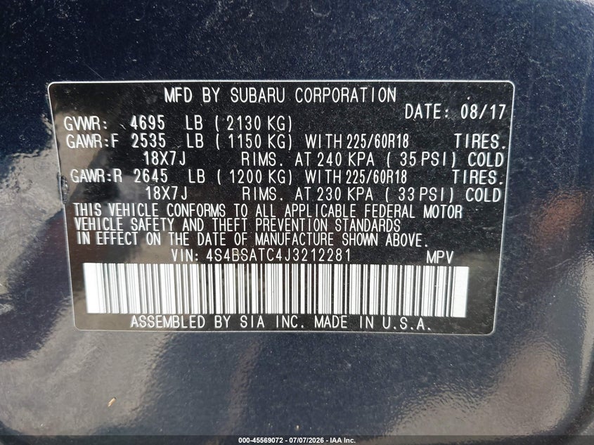 2018 Subaru Outback VIN 4S4BSATC4J3212281 IAAI salvage auction — LEFT SIDE, Salvage Title, sold $2,250 on 2026-08-03 (photo 9)