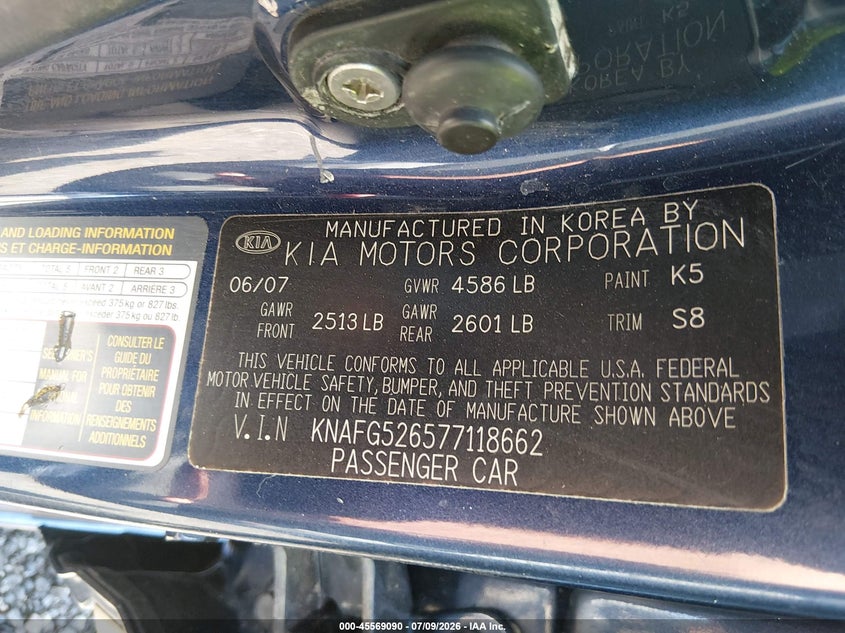 2007 Kia Rondo VIN KNAFG526577118662 IAAI salvage auction — NORMAL WEAR, Repossession Paperwork (South Carolina), sold $25 on 2026-07-28 (photo 9)