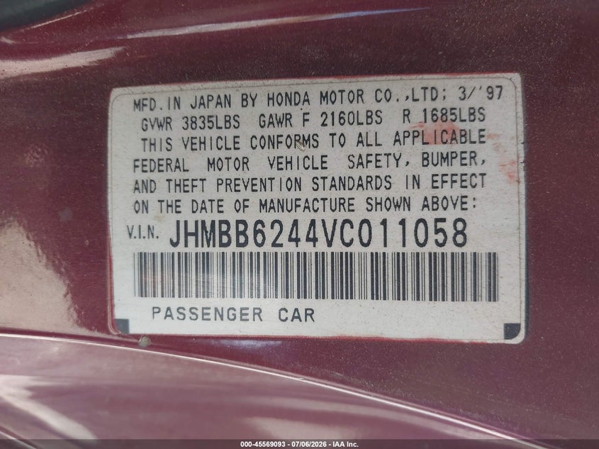 1997 Honda Prelude VIN JHMBB6244VC011058 IAAI salvage auction — NORMAL WEAR, Salvage Title - Dealer (California), sold $450 on 2026-07-29 (photo 9)