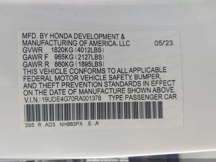 2024 Acura Integra VIN 19UDE4G70RA001378 IAAI salvage auction — LEFT FRONT, Salvage Title, sold $8,000 on 2026-07-31 (photo 9)