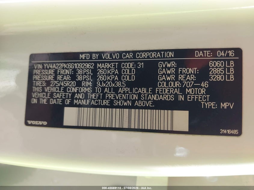 2016 Volvo Xc90 VIN YV4A22PK6G1092962 IAAI salvage auction — REAR END, Original (Texas), sold $5,600 on 2026-08-08 (photo 9)