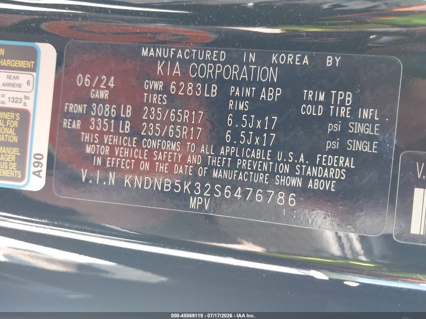 2025 Kia Carnival VIN KNDNB5K32S6476786 IAAI salvage auction — REAR END, Mv-907A (New York), sold $10,600 on 2026-07-28 (photo 9)