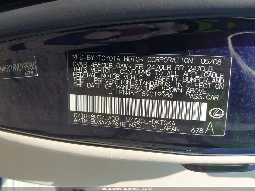 2008 Lexus Sc 430 VIN JTHFN45Y189019986 IAAI salvage auction — FRONT & REAR, Mv-907A (New York), sold $375 on 2026-07-30 (photo 9)