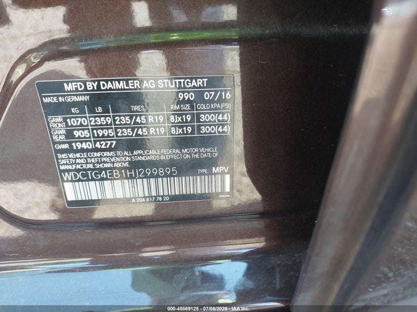 2017 Mercedes-benz Gla-klasse VIN WDCTG4EB1HJ299895 IAAI salvage auction — FRONT END, Salvage Title, sold $600 on 2026-08-19 (photo 9)