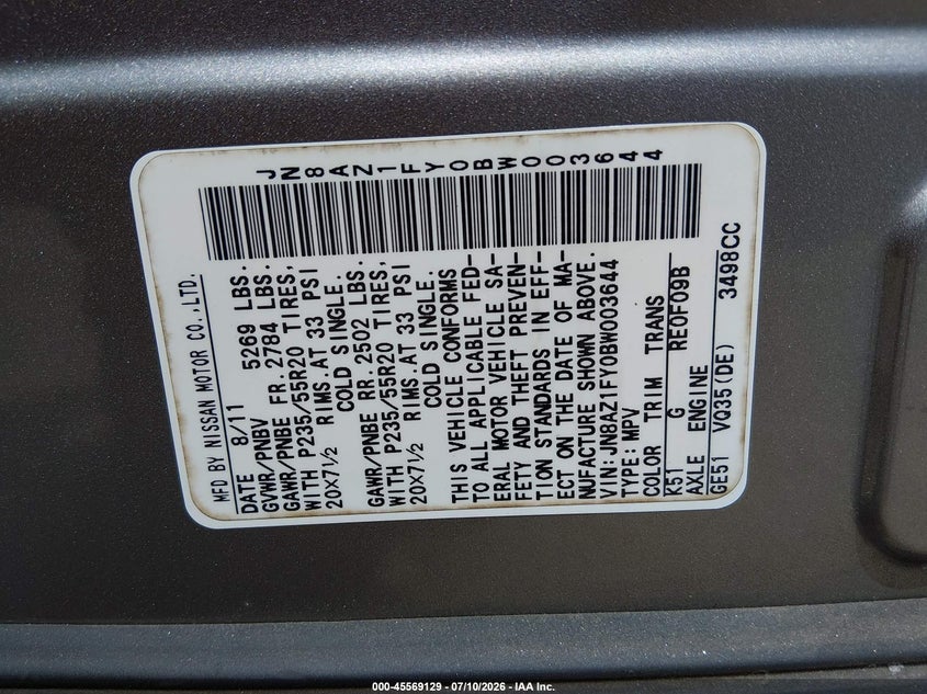 2011 Nissan Murano VIN JN8AZ1FY0BW003644 IAAI salvage auction — NORMAL WEAR, Clear (Alabama), sold $25 on 2026-07-21 (photo 9)