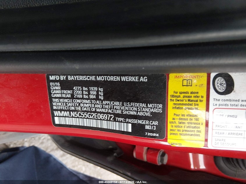 2016 Mini Clubman VIN WMWLN5C55G2E06972 IAAI salvage auction — REAR END, Salvage Title, sold $600 on 2026-07-24 (photo 9)