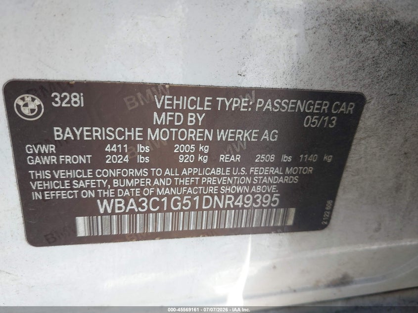 2013 BMW 3er VIN WBA3C1G51DNR49395 IAAI salvage auction — RIGHT FRONT, Salvage Title, sold $900 on 2026-08-03 (photo 9)
