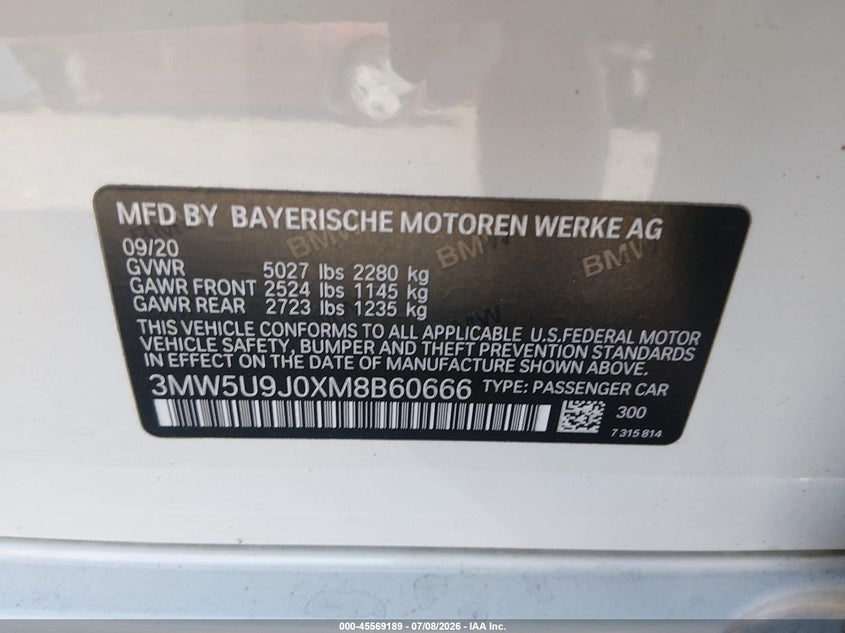 2021 BMW M340i VIN 3MW5U9J0XM8B60666 IAAI salvage auction — Side, Clear (South Carolina), sold $22,900 on 2026-08-08 (photo 9)