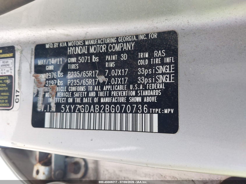 2011 Hyundai Santa fe VIN 5XYZGDAB2BG070736 IAAI salvage auction — NORMAL WEAR, Clear (New York), sold $500 on 2026-07-28 (photo 9)