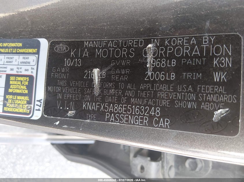2014 Kia Forte VIN KNAFX5A86E5163248 IAAI salvage auction — LEFT FRONT, Clear (Minnesota), sold $525 on 2026-07-29 (photo 9)