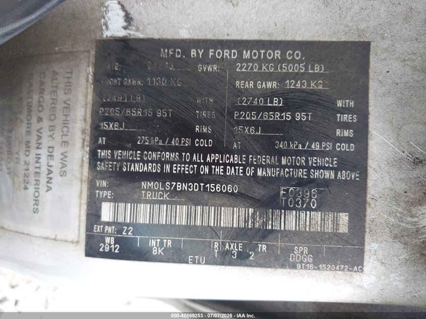 2013 Ford Transit VIN NM0LS7BN3DT156060 IAAI salvage auction — LEFT FRONT, Salvage (Alabama), sold $325 on 2026-07-29 (photo 9)