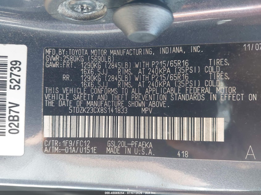 2008 Toyota Sienna VIN 5TDZK23CX8S141833 IAAI salvage auction — NORMAL WEAR, Original (Texas), sold $900 on 2026-07-15 (photo 9)