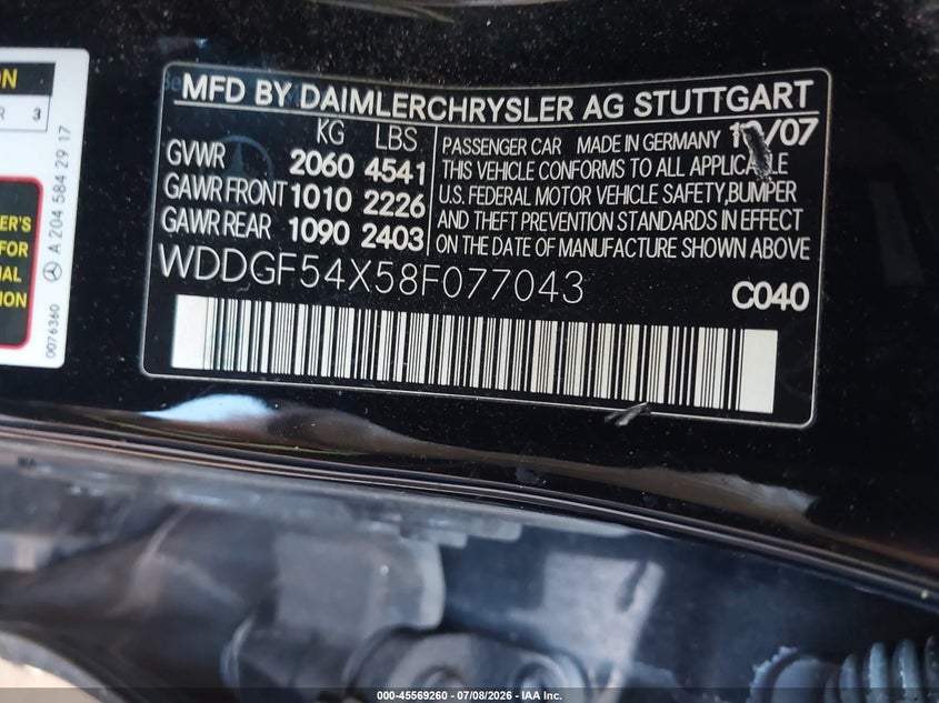 2008 Mercedes-benz C class VIN WDDGF54X58F077043 IAAI salvage auction — NORMAL WEAR, Clear (Utah), sold $225 on 2026-07-13 (photo 9)