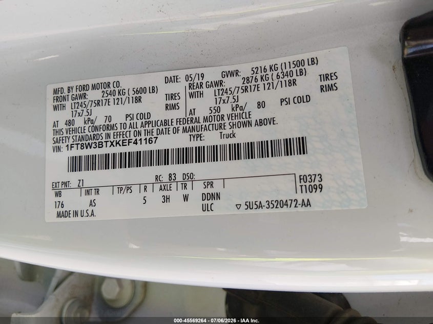 2019 Ford F-350 VIN 1FT8W3BTXKEF41167 IAAI salvage auction — NORMAL WEAR, Sf97 (Oregon), sold $2,550 on 2026-07-29 (photo 9)