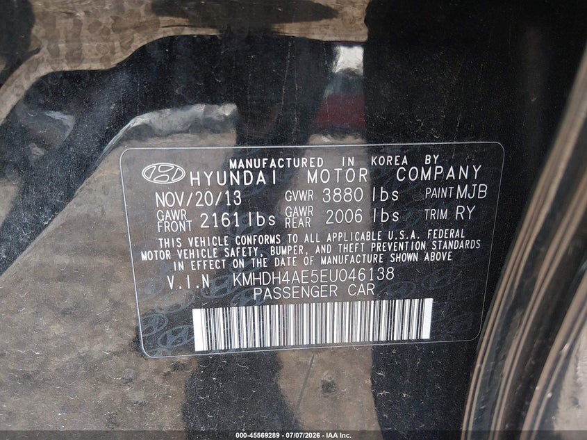 2014 Hyundai Elantra VIN KMHDH4AE5EU046138 IAAI salvage auction — NORMAL WEAR, Salvage Title, sold $750 on 2026-07-22 (photo 9)