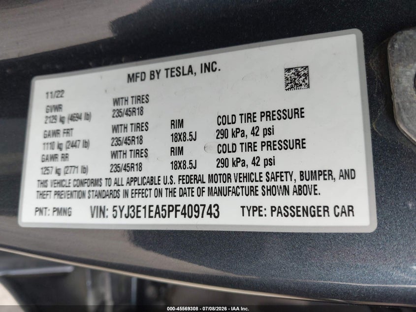 2023 Tesla Model 3 VIN 5YJ3E1EA5PF409743 IAAI salvage auction — REAR END, Bill Of Sale (Washington), sold $11,100 on 2026-07-17 (photo 9)