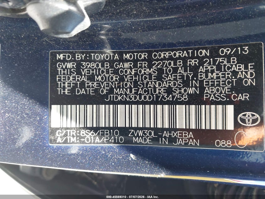 2013 Toyota Prius VIN JTDKN3DU0D1734758 IAAI salvage auction — NORMAL WEAR, Clear - Dealer Only (California), sold $3,000 on 2026-07-16 (photo 9)