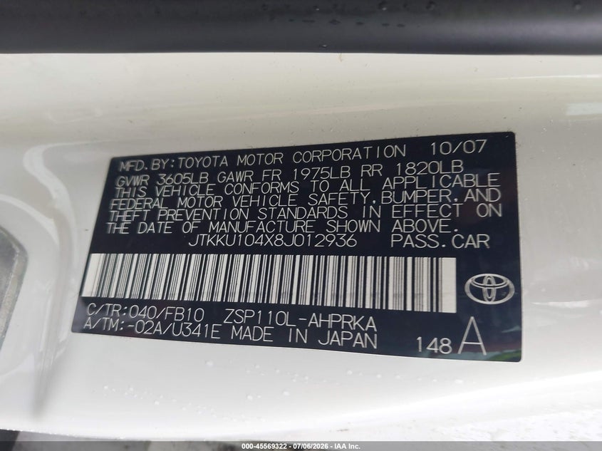 2008 Scion Xd VIN JTKKU104X8J012936 IAAI salvage auction — NORMAL WEAR, Clear (New York), sold $925 on 2026-07-16 (photo 9)