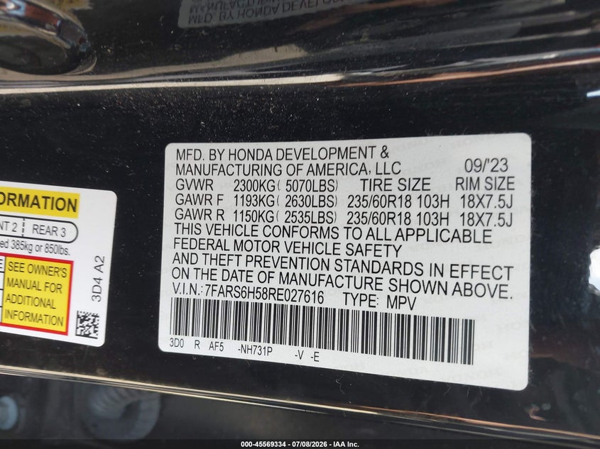 2024 Honda Cr-v VIN 7FARS6H58RE027616 IAAI salvage auction — FRONT END, Salvage Title, sold $9,400 on 2026-08-02 (photo 9)