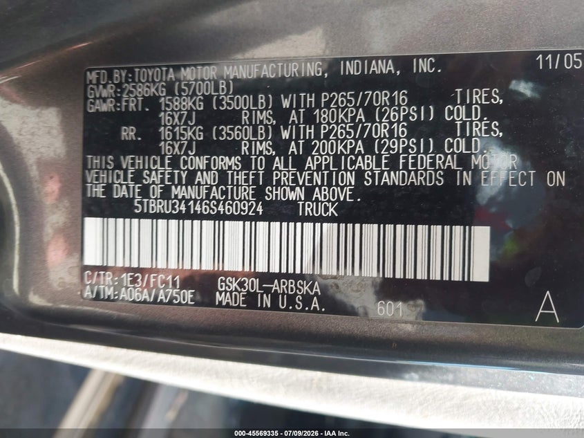 2006 Toyota Tundra VIN 5TBRU34146S460924 IAAI salvage auction — BIO HAZARD, Non-Repairable (California), sold $725 on 2026-07-29 (photo 9)