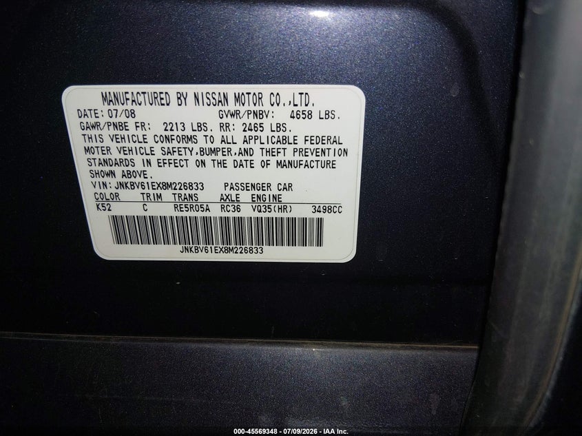2008 Infiniti G35 VIN JNKBV61EX8M226833 IAAI salvage auction — FRONT END, Salvage (Arizona), sold $25 on 2026-07-28 (photo 9)