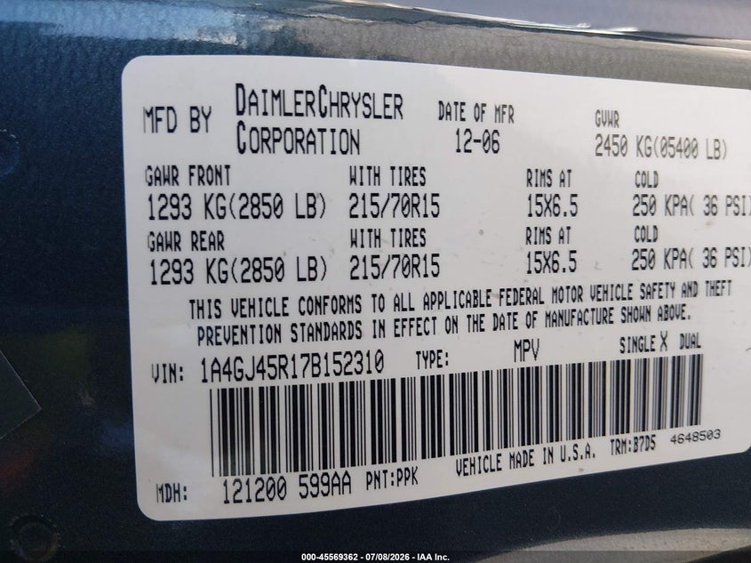 2007 Chrysler Town & country VIN 1A4GJ45R178152310 IAAI salvage auction — NORMAL WEAR, Clear (California), sold $850 on 2026-08-01 (photo 9)