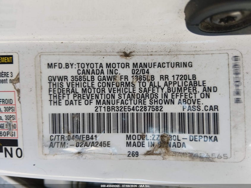 2004 Toyota Corolla VIN 2T1BR32E54C287582 IAAI salvage auction — NORMAL WEAR, Clear (Georgia), sold $900 on 2026-07-23 (photo 9)