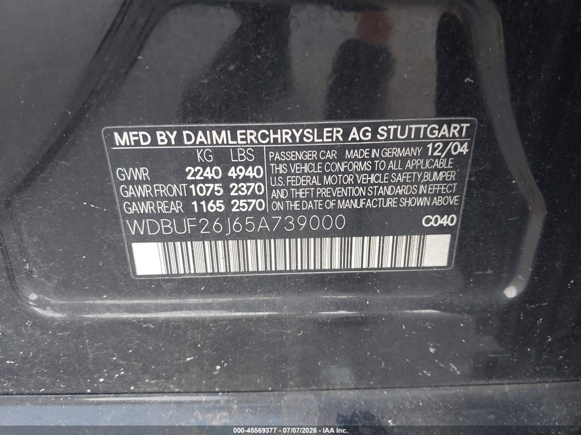 2005 Mercedes-benz VIN WDBUF26J65A739000 IAAI salvage auction — RIGHT SIDE, Rebuildable (Florida), sold $600 on 2026-07-27 (photo 9)