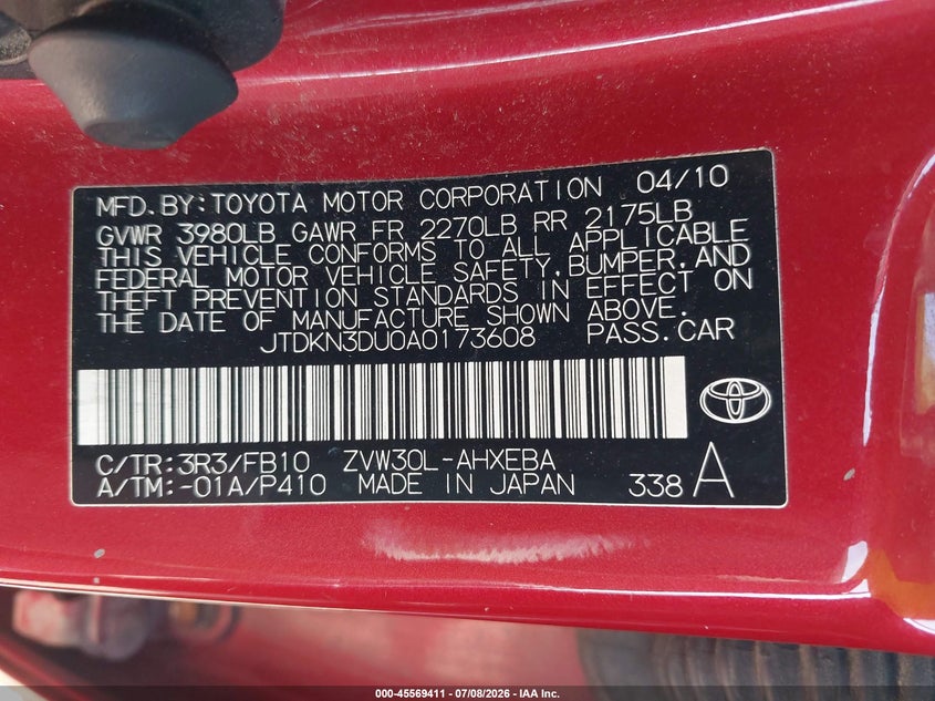 2010 Toyota Prius VIN JTDKN3DU0A0173608 IAAI salvage auction — NORMAL WEAR, Clear (Illinois), sold $400 on 2026-07-15 (photo 9)